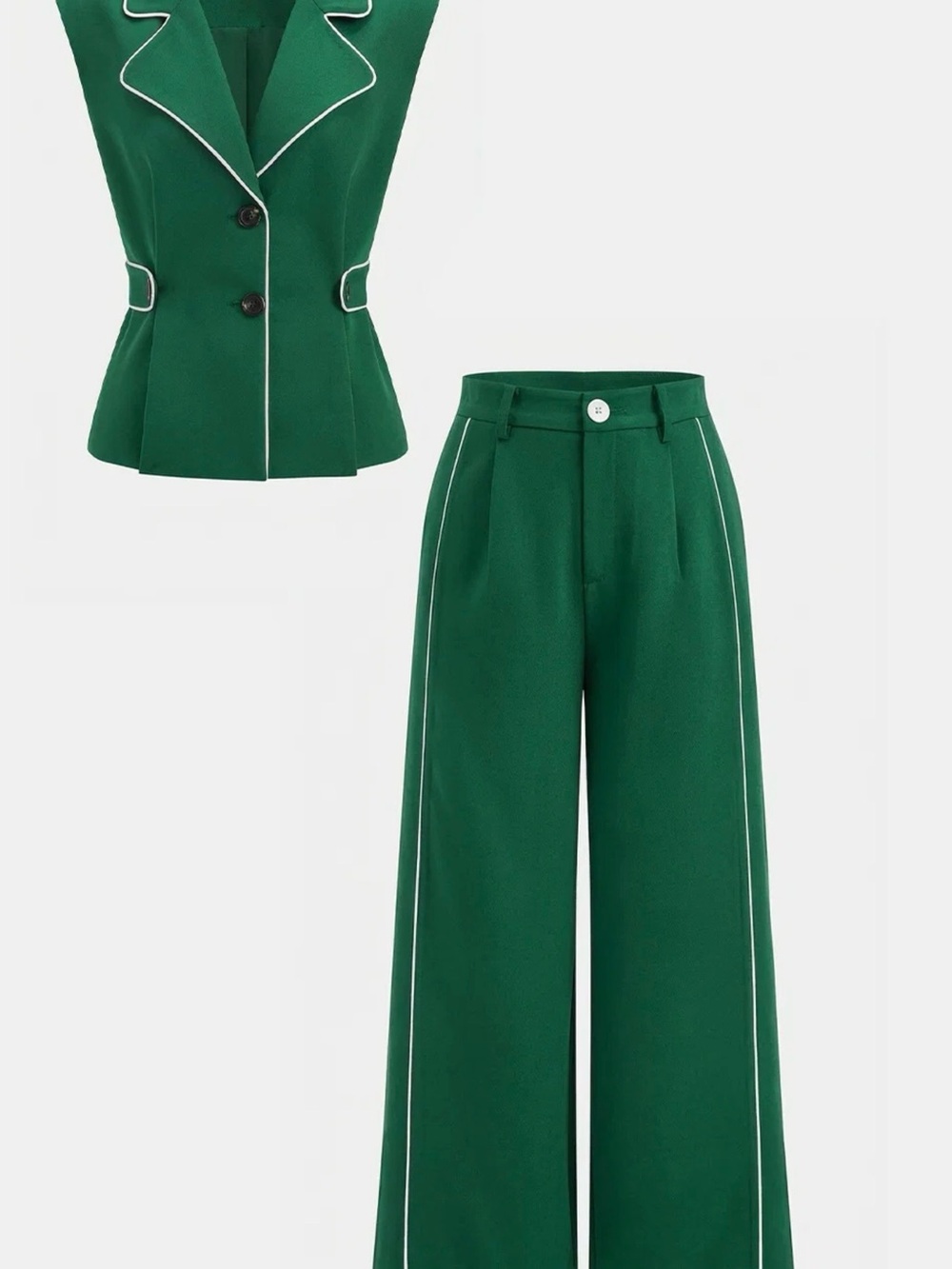 Commense Contrast Trim Blazer Vest & Pants Set - Green - Large